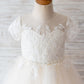 Princess Short Sleeves Ivory Lace Champagne Tulle Wedding Flower Girl Dress