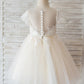 Princess Short Sleeves Ivory Lace Champagne Tulle Wedding Flower Girl Dress