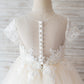 Princess Short Sleeves Ivory Lace Champagne Tulle Wedding Flower Girl Dress