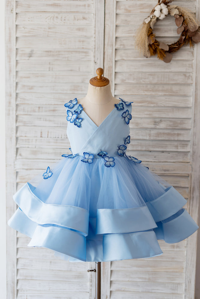 V Neck Blue Satin Butterfly Wedding Flower Girl Dress, Horsehair 5T V Neck Blue Satin Butterfly Wedding Flower Girl Dress, Horsehair 5T