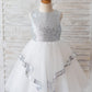 Princess Backless Silver Sequin Tulle Wedding Flower Girl Dress Kids Birthday Party