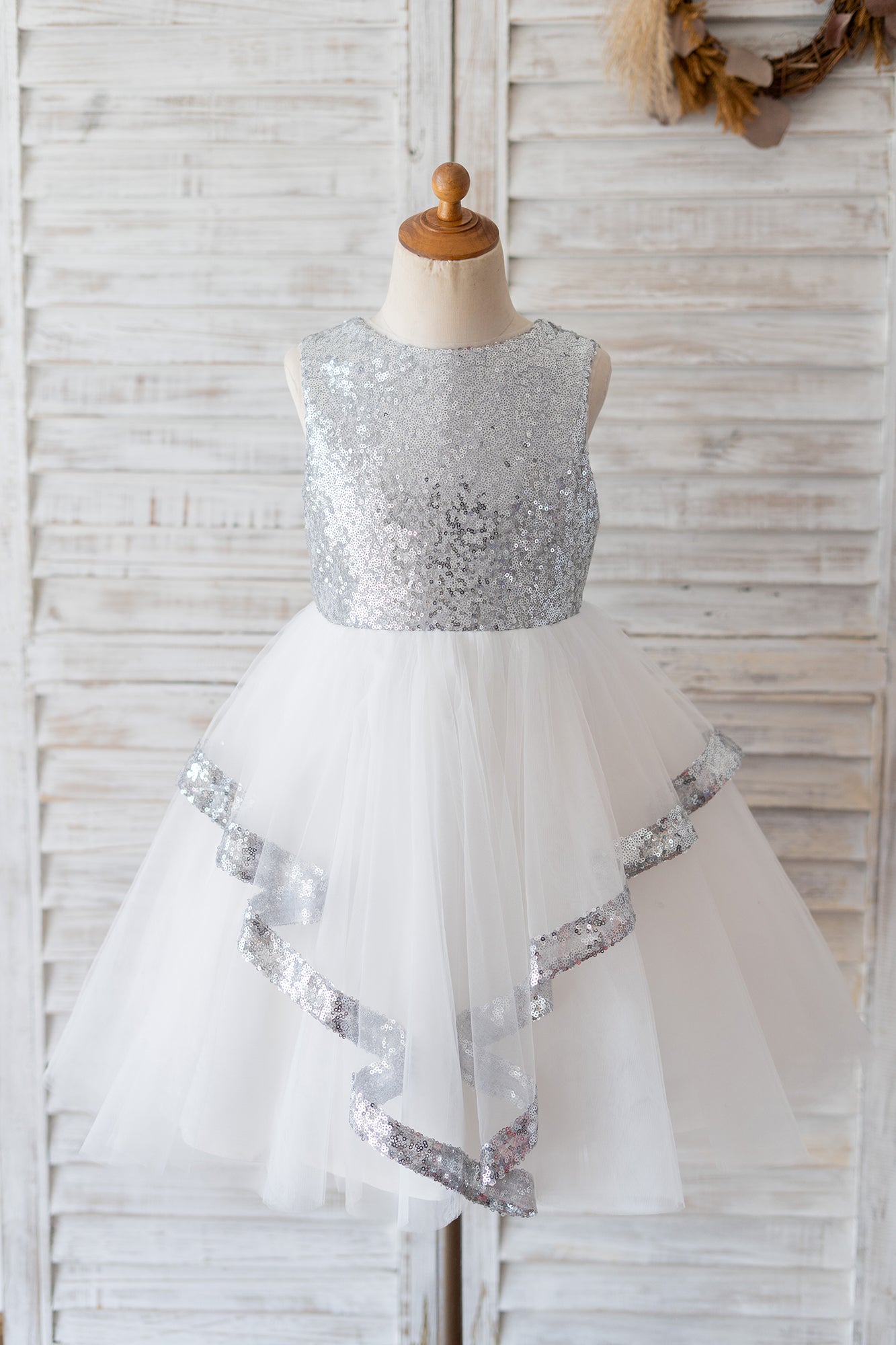 Princess Backless Silver Sequin Tulle Wedding Flower Girl Dress Kids Birthday Party