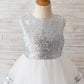 Princess Backless Silver Sequin Tulle Wedding Flower Girl Dress Kids Birthday Party