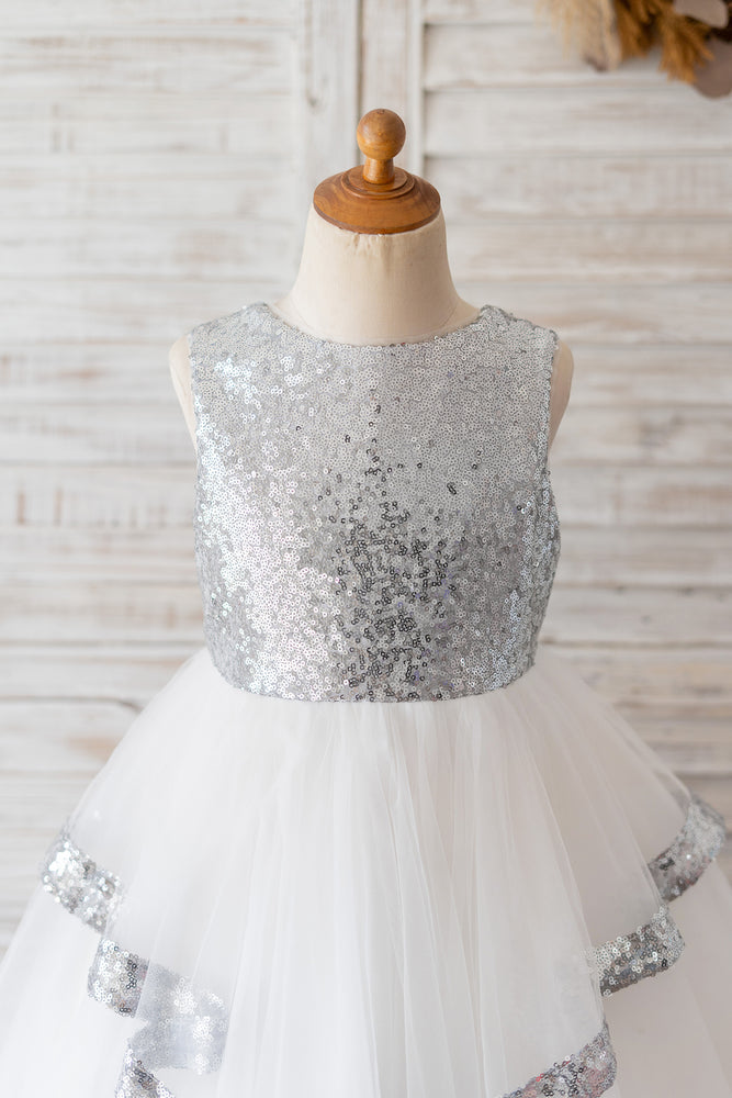 girls sequin party dress Backless Silver Sequin Tulle Kids Birthday Party Flower Girl Dress 10T