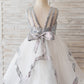 Princess Backless Silver Sequin Tulle Wedding Flower Girl Dress Kids Birthday Party