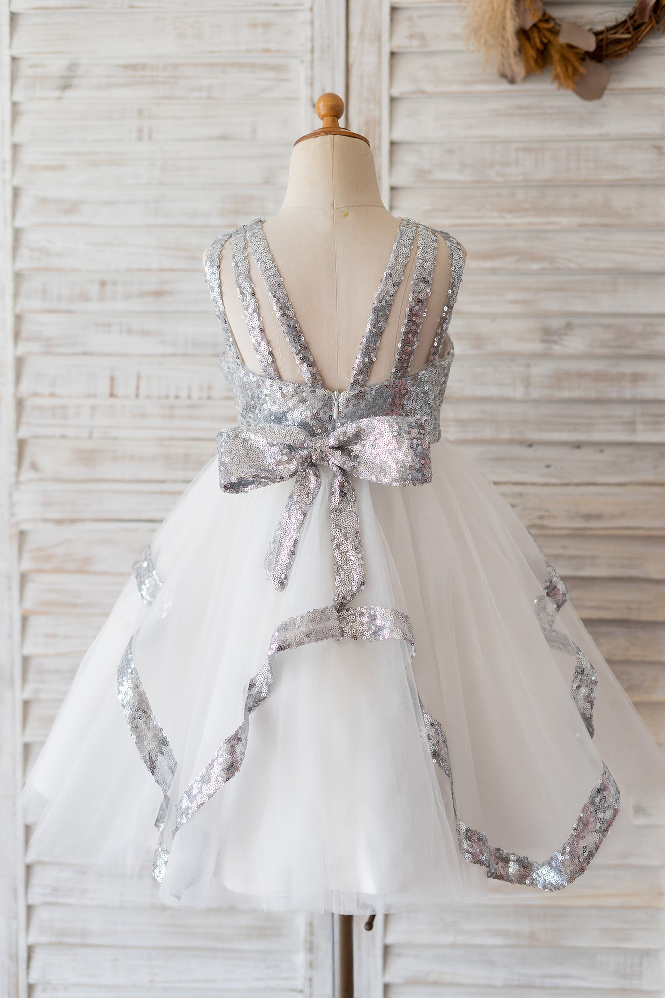 Princess Backless Silver Sequin Tulle Wedding Flower Girl Dress Kids Birthday Party