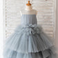 Ball Gown Gray Tulle Sheer Neck Cupcake Tea Length Wedding Flower Girl Dress