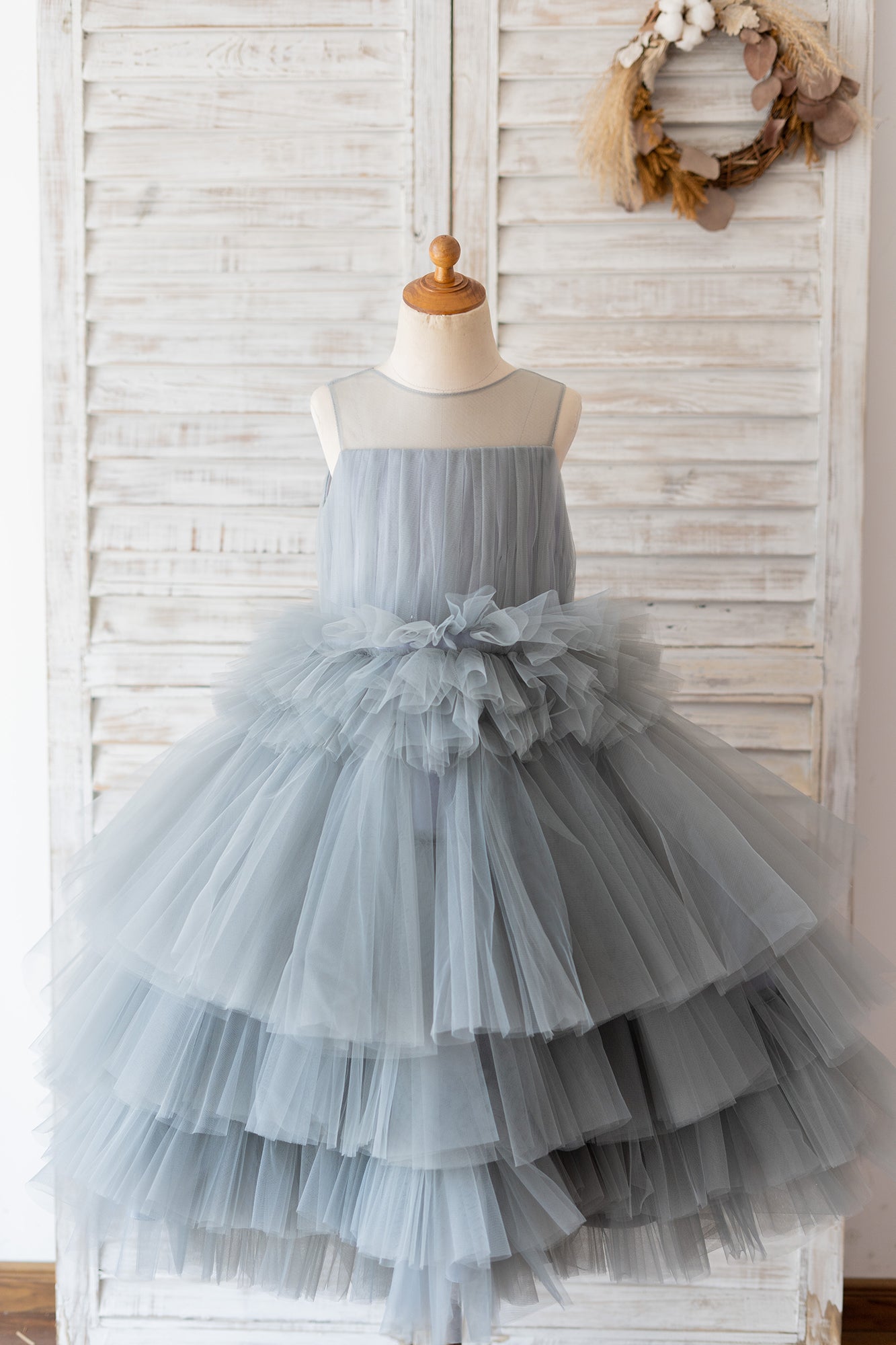 Ball Gown Gray Tulle Sheer Neck Cupcake Tea Length Wedding Flower Girl Dress