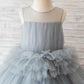 Ball Gown Gray Tulle Sheer Neck Cupcake Tea Length Wedding Flower Girl Dress