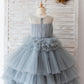 Ball Gown Gray Tulle Sheer Neck Cupcake Tea Length Wedding Flower Girl Dress