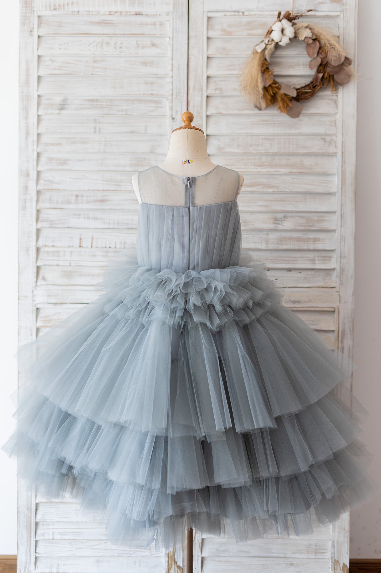 Ball Gown Gray Tulle Sheer Neck Cupcake Tea Length Wedding Flower Girl Dress