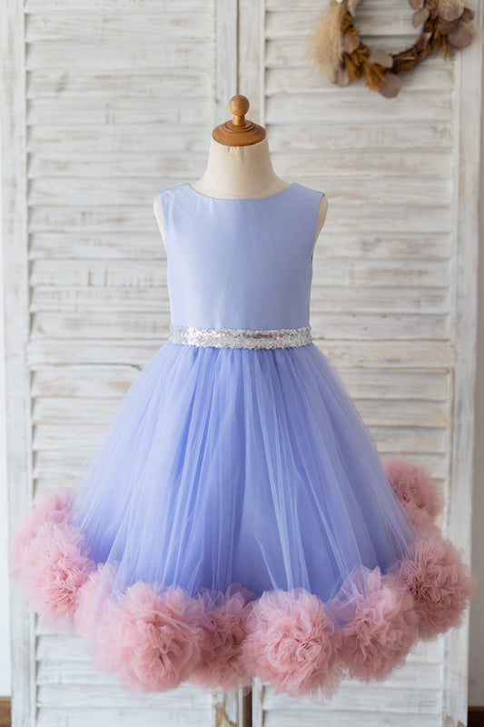 V Back Lavender Satin Tulle Mauve Ruffles Hem Wedding Flower Girl Dress