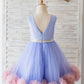 V Back Lavender Satin Tulle Mauve Ruffles Hem Wedding Flower Girl Dress