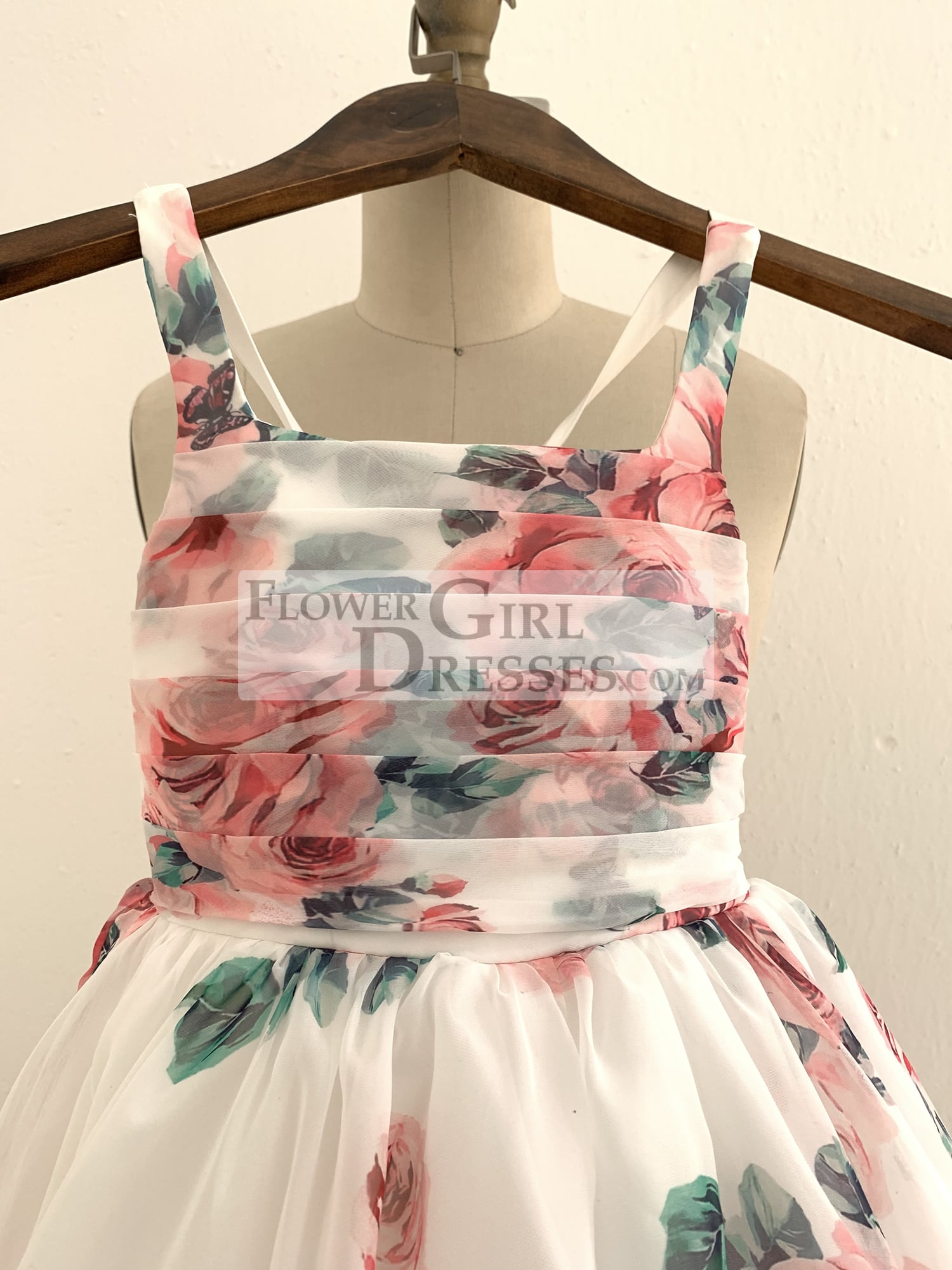 A-line Floral Print Chiffon Straps Corset Back Wedding Flower Girl Dress Kids Party Dress