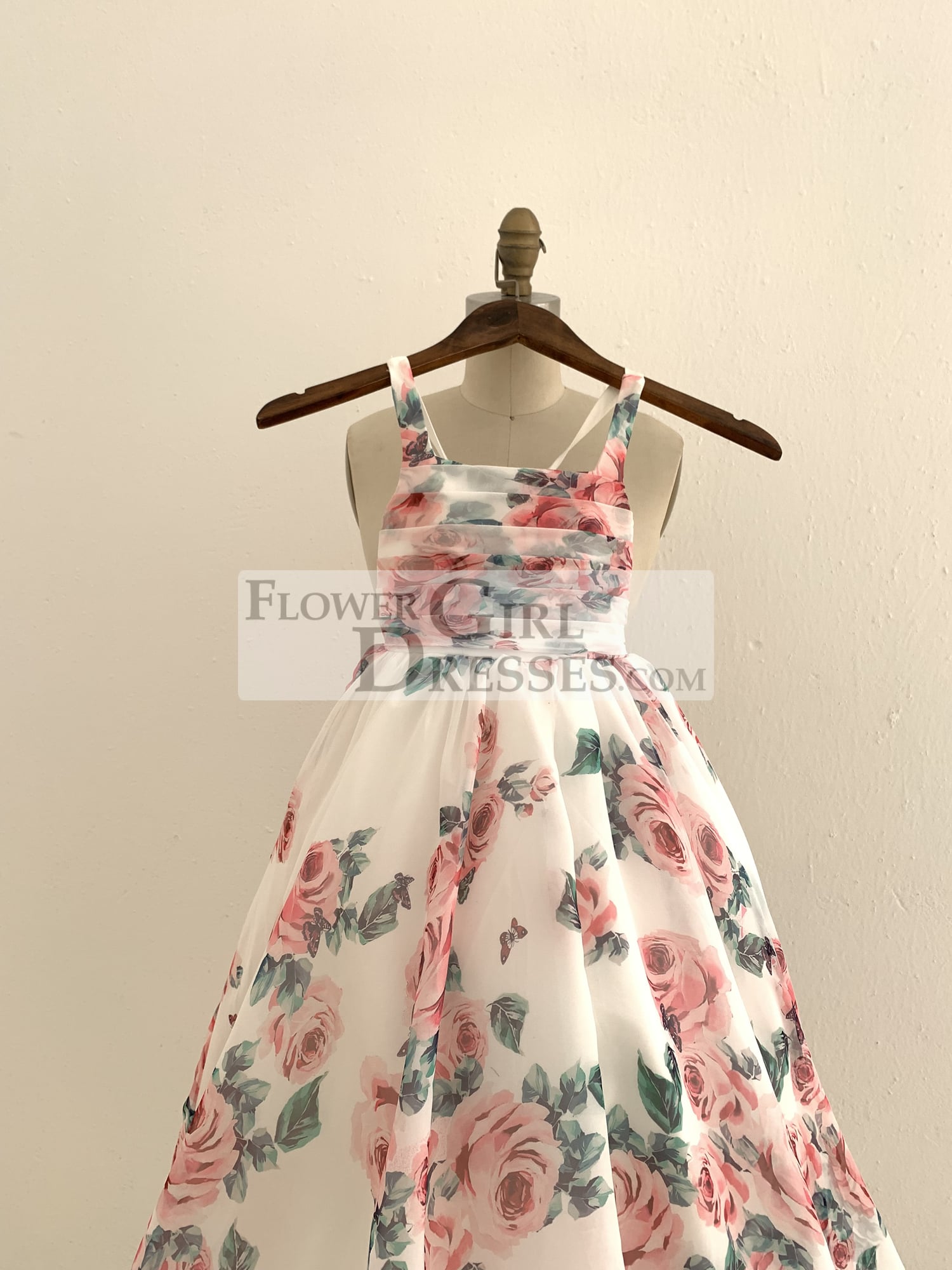 A-line Floral Print Chiffon Straps Corset Back Wedding Flower Girl Dress Kids Party Dress