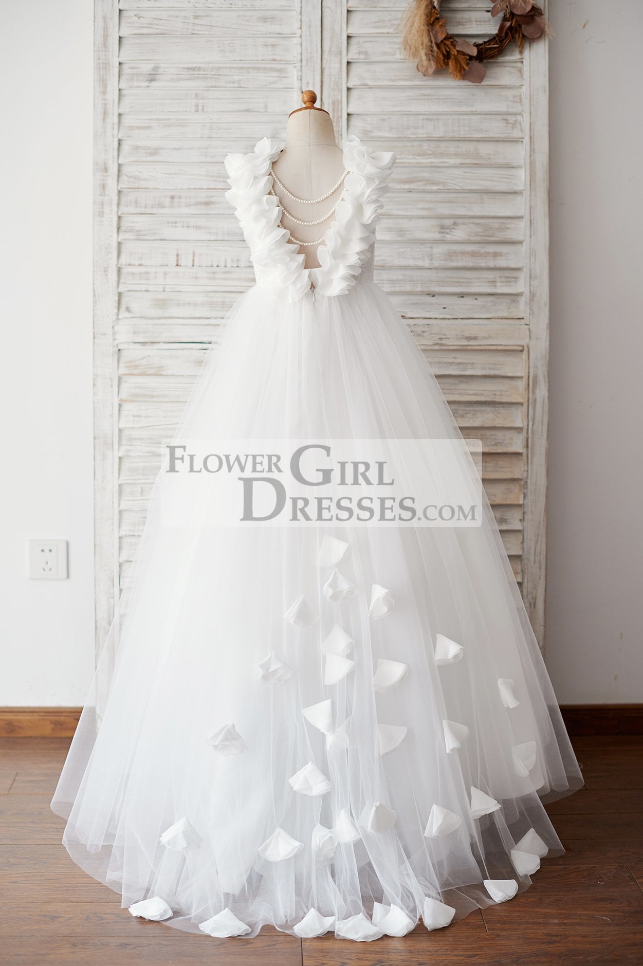 Backless Lace Tulle Wedding Flower Girl Dress with Pearls