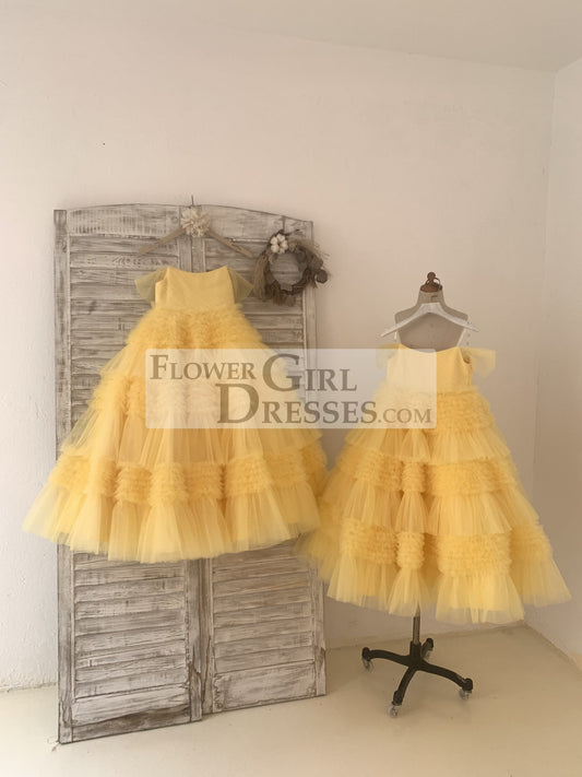 Ball Gown Off Shoulder Yellow Ruffle Tulle Wedding Flower Girl Dress Kids Party Dress