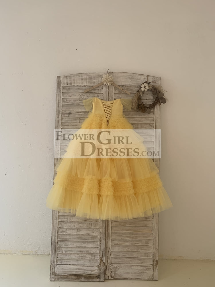 childrens yellow bridesmaid dresses Cheeream Teens Junior Bridesmaid Dresses Ruffle Slit Flower Dress For Girl Square Neck Spaghetti Strap Formal High Low Dresses For Kids, Girl's, Size: