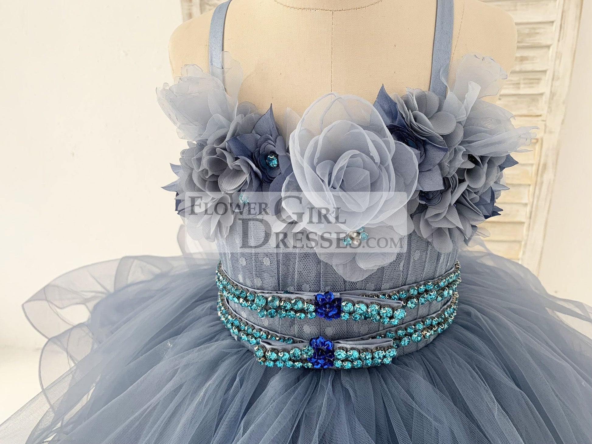 Beaded Dusty Blue Polka Dots Tulle Wedding Flower Girl Dress Kids Party Dress