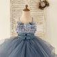 Beaded Dusty Blue Polka Dots Tulle Wedding Flower Girl Dress Kids Party Dress