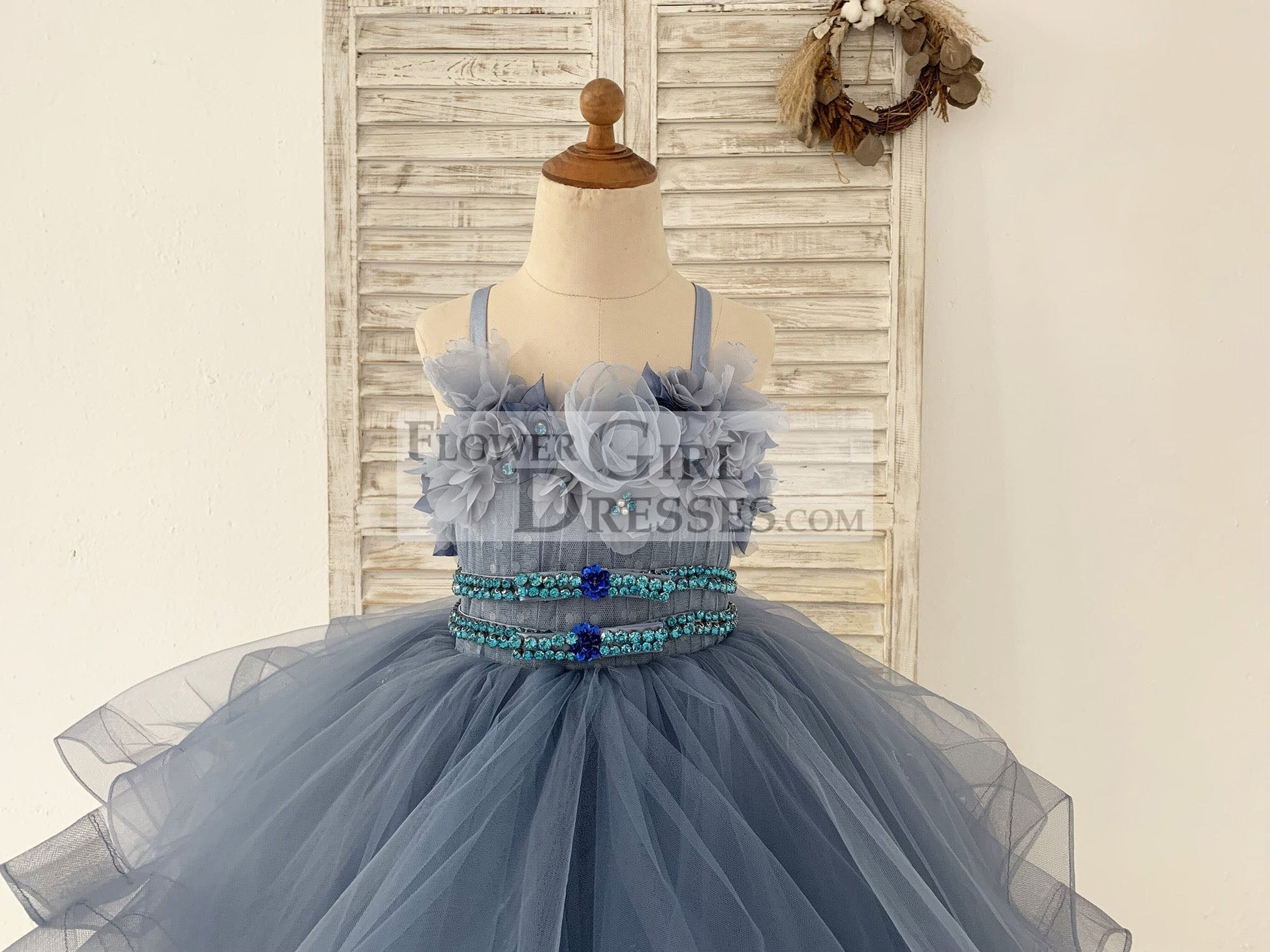 Beaded Dusty Blue Polka Dots Tulle Wedding Flower Girl Dress Kids Party Dress
