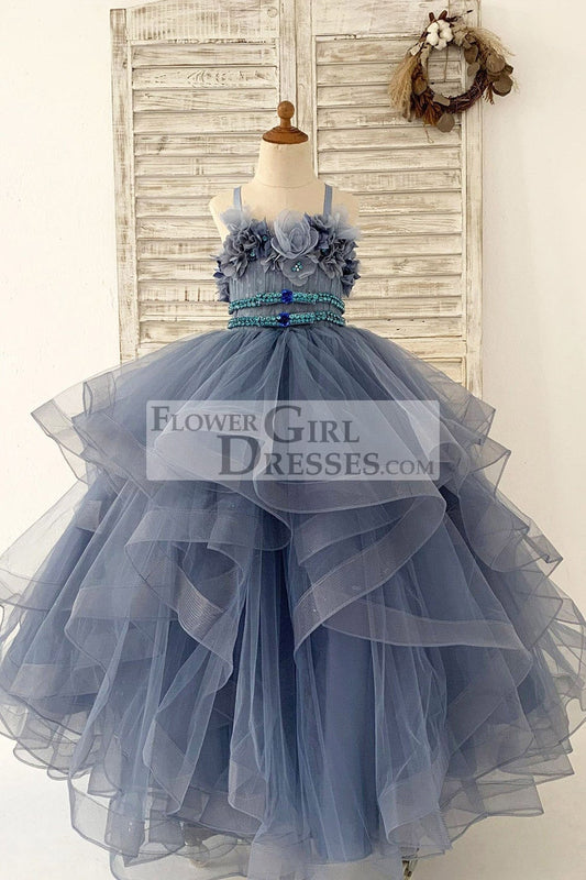 Beaded Dusty Blue Polka Dots Tulle Wedding Flower Girl Dress Kids Party Dress