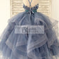 Beaded Dusty Blue Polka Dots Tulle Wedding Flower Girl Dress Kids Party Dress