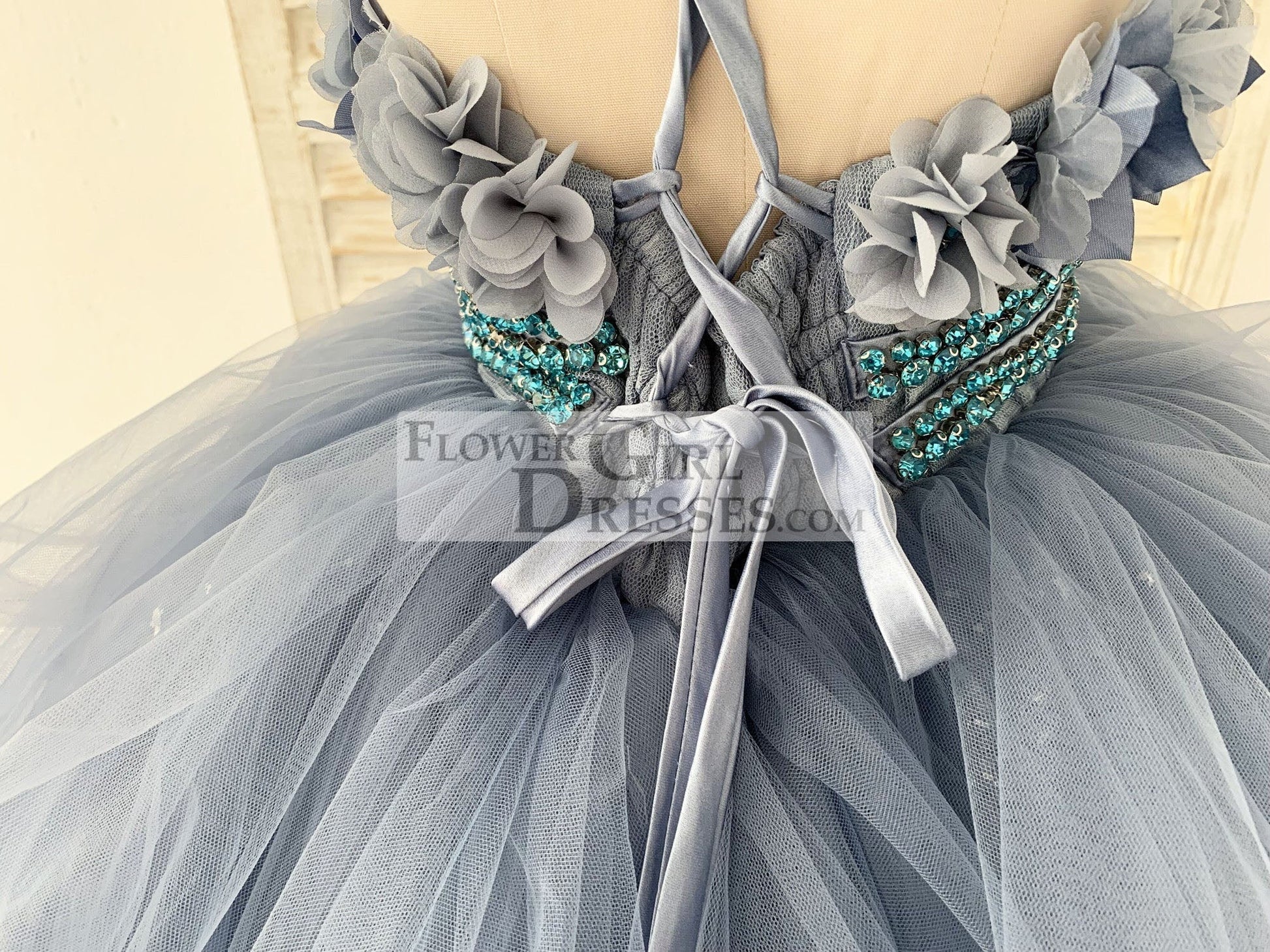 Beaded Dusty Blue Polka Dots Tulle Wedding Flower Girl Dress Kids Party Dress