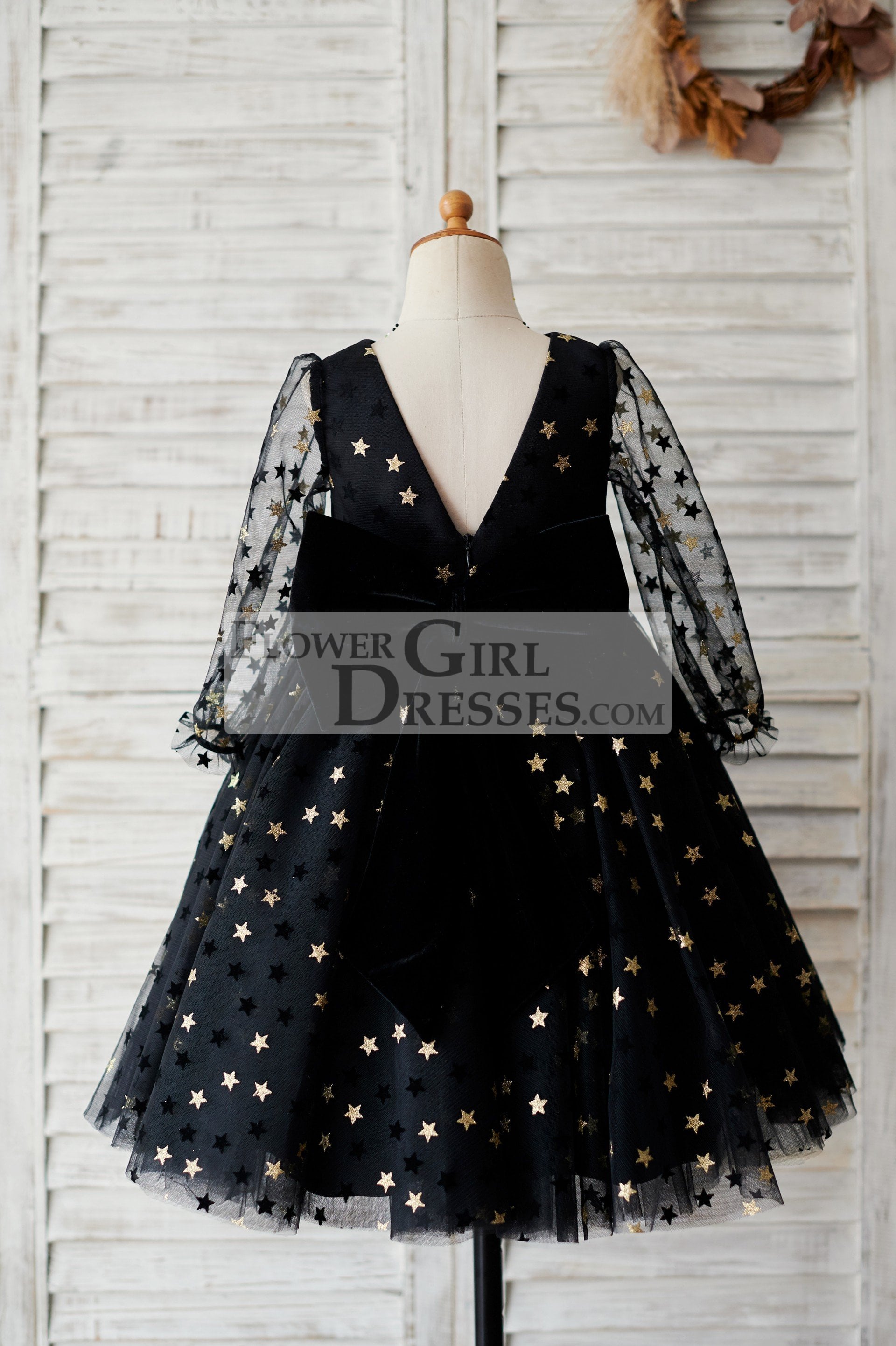Black Gold Star Tulle V Back Long Sleeves Wedding Flower Girl Dress