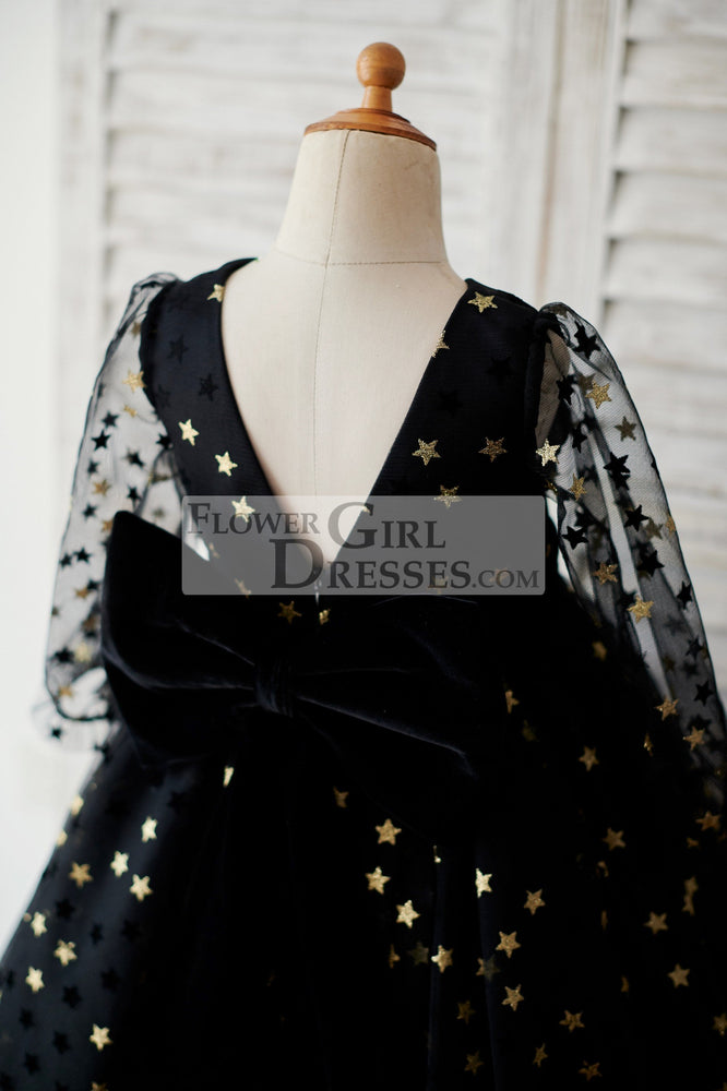 Black Gold Star Tulle V Back Long Sleeves Wedding Flower Girl Dress 5T Black Gold Star Tulle V Back Long Sleeves Wedding Flower Girl Dress 5T