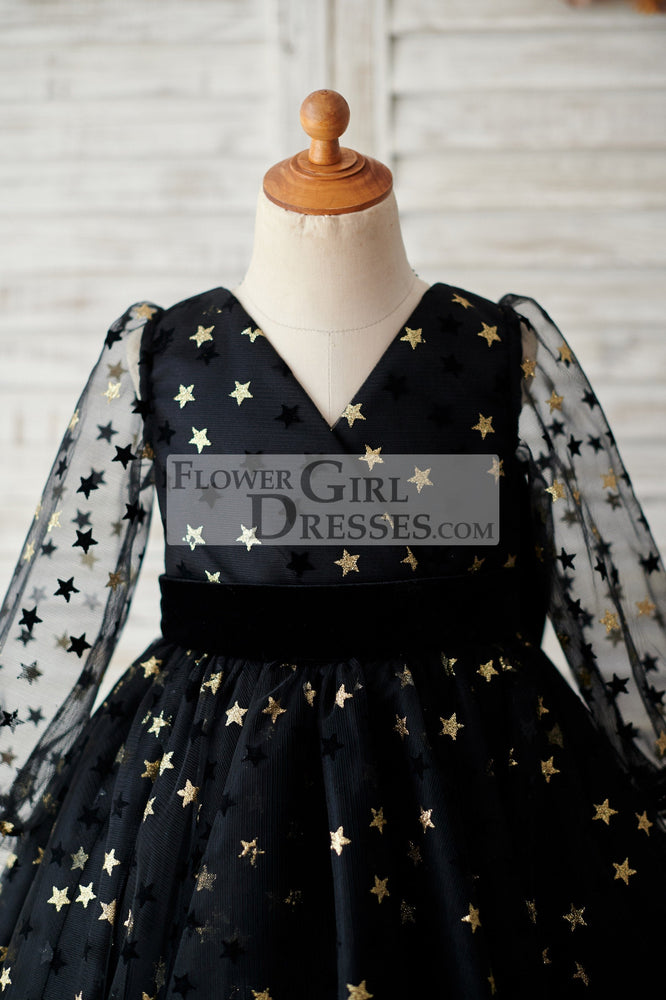Black Gold Star Tulle V Back Long Sleeves Wedding Flower Girl Dress 5T Black Gold Star Tulle V Back Long Sleeves Wedding Flower Girl Dress 5T