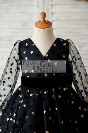 Black Gold Star Tulle V Back Long Sleeves Wedding Flower Girl Dress 5T Black Gold Star Tulle V Back Long Sleeves Wedding Flower Girl Dress 5T