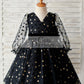 Black Gold Star Tulle V Back Long Sleeves Wedding Flower Girl Dress