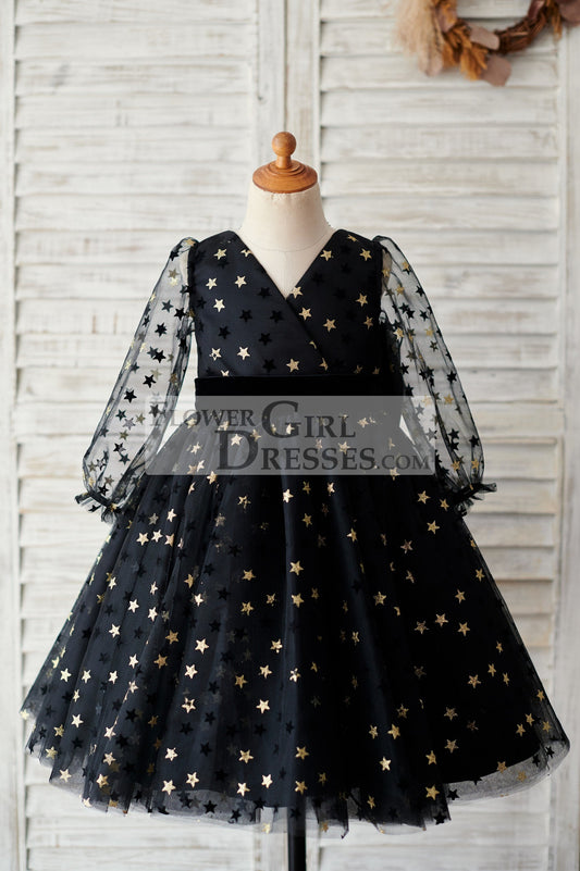 Black Gold Star Tulle V Back Long Sleeves Wedding Flower Girl Dress