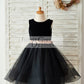 Black Velvet Tulle Keyhole Back Wedding Flower Girl Dress with Sequin Bow