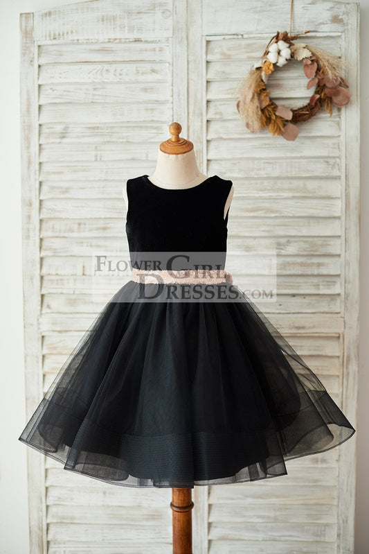 Black Velvet Tulle Keyhole Back Wedding Flower Girl Dress with Sequin Bow