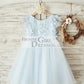Blue Lace Tulle Cap Sleeves V Back Wedding Flower Girl Dress with Feathers