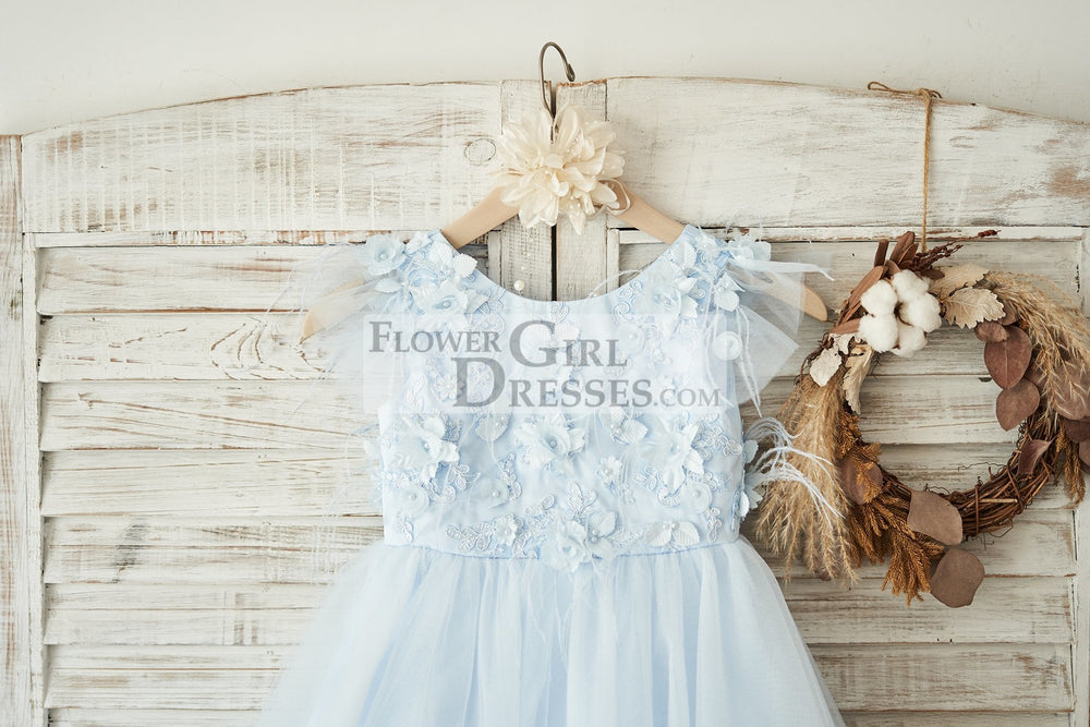 Blue Lace Tulle Cap Sleeves V Back Wedding Flower Girl Dress, Feathers Custom size