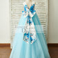 Blue Printed Floral Satin Tulle V Back Wedding Flower Girl Dress with bow