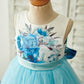 Blue Printed Floral Satin Tulle V Back Wedding Flower Girl Dress with bow