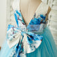 Blue Printed Floral Satin Tulle V Back Wedding Flower Girl Dress with bow