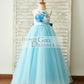 Blue Printed Floral Satin Tulle V Back Wedding Flower Girl Dress with bow