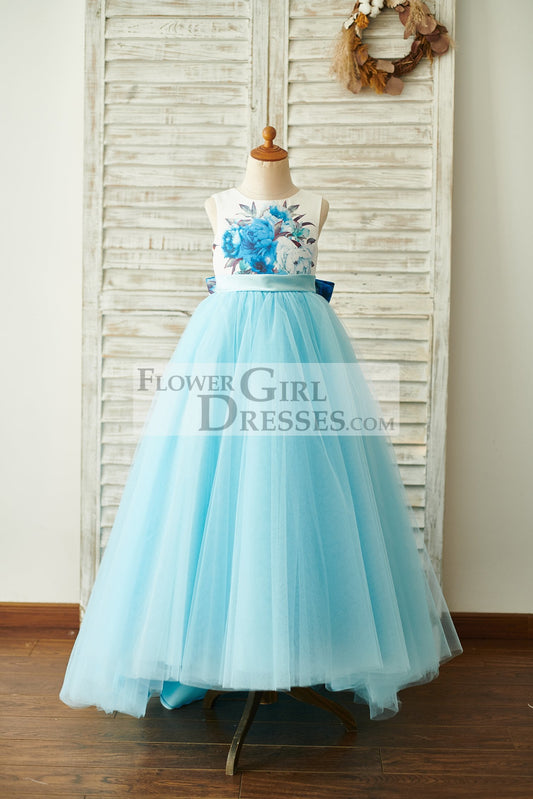 Blue Printed Floral Satin Tulle V Back Wedding Flower Girl Dress with bow