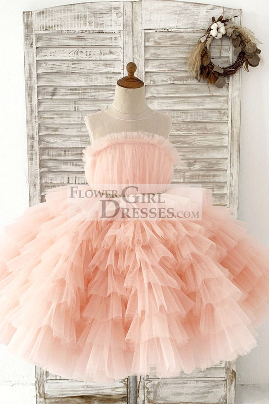 Blush Pink Cupcake Tulle Wedding Flower Girl Dress Kids Party Dress