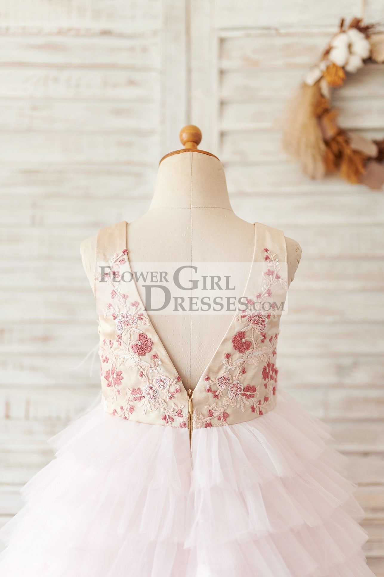Blush Pink Tulle Embroidery Lace V Back Wedding Flower Girl Dress