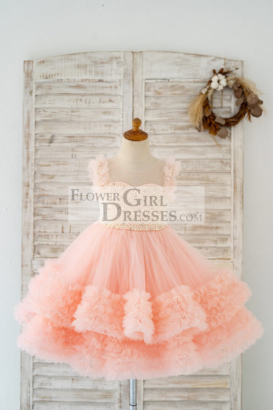 Blush Pink V Back Pearl Beaded Tulle Wedding Flower Girl Dress Kids Party Dress