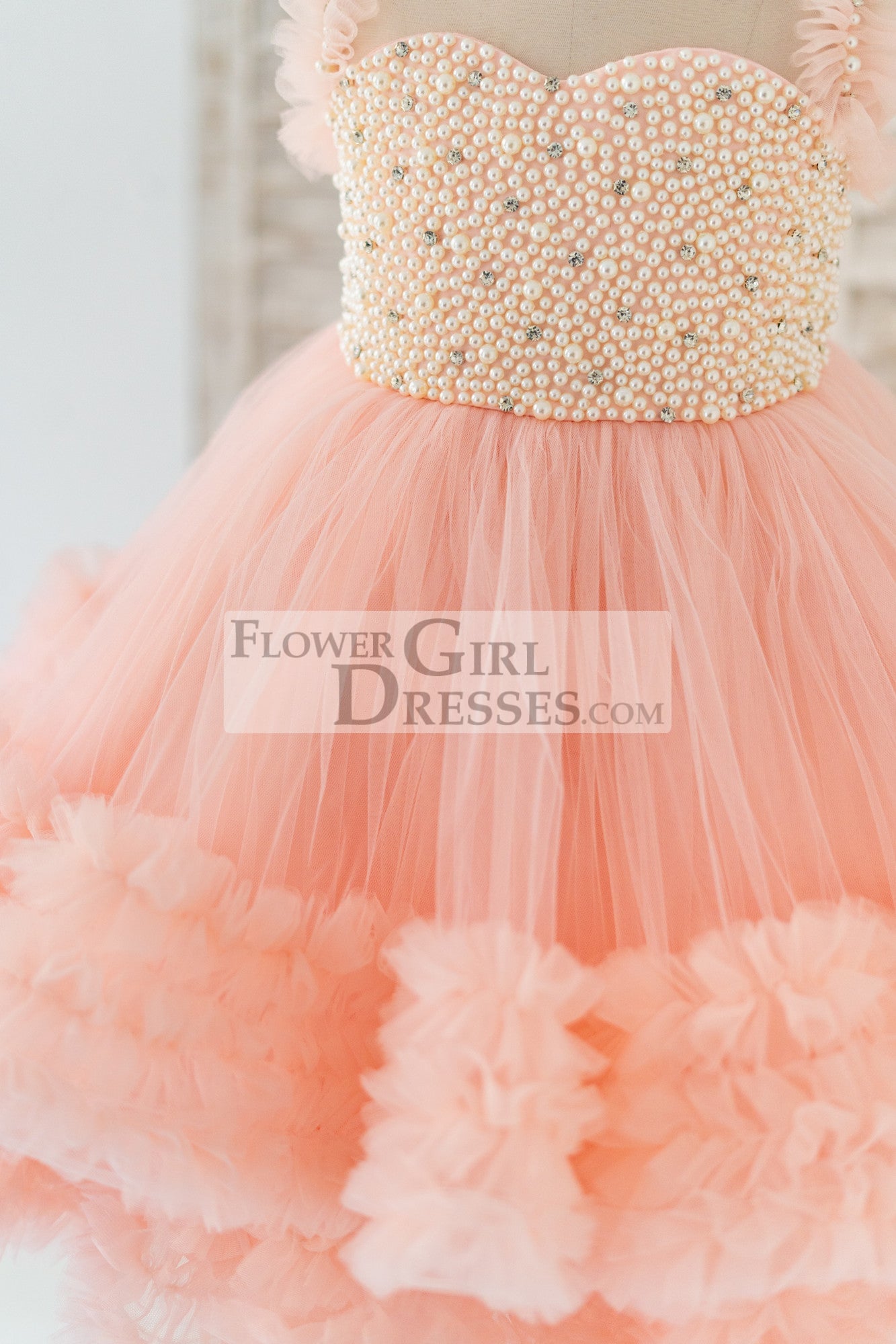 Blush Pink V Back Pearl Beaded Tulle Wedding Flower Girl Dress Kids Party Dress