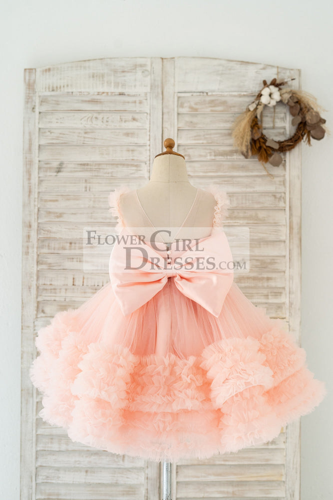 kids blush pink dress Blush Pink V Back Pearl Beaded Tulle Wedding Flower Girl Dress 6T