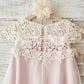Boho Beach Lace Cap Sleeves Ivory Chiffon Wedding Flower Girl Dress with Pink Lining