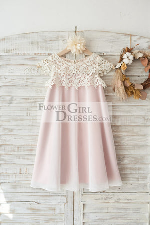 Boho Beach Lace Cap Sleeves Ivory Chiffon Wedding Flower Girl Dress 5T